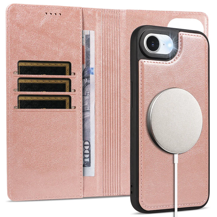 For iPhone 17e / iPhone 16e Magnetic Case Detachable 2 in 1 Leather Wallet Phone Cover - Rose Gold - 3