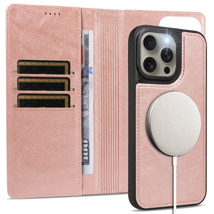 For iPhone 15 Pro Max Magnetic Case Detachable 2 in 1 Leather Wallet Phone Cover - Rose Gold - 3