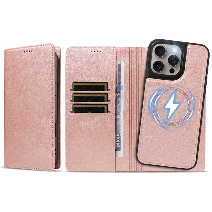 For iPhone 15 Pro Max Magnetic Case Detachable 2 in 1 Leather Wallet Phone Cover - Rose Gold - 6
