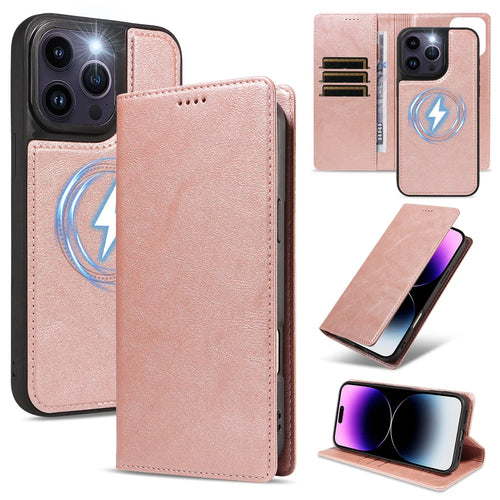 For iPhone 14 Pro Max Magnetic Case Detachable 2 in 1 Leather Wallet Phone Cover - Rose Gold - 1
