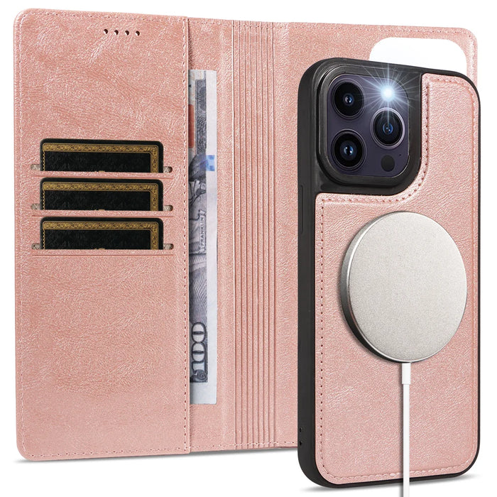 For iPhone 14 Pro Max Magnetic Case Detachable 2 in 1 Leather Wallet Phone Cover - Rose Gold - 3