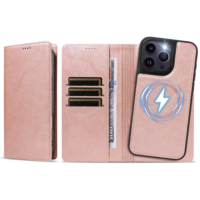 For iPhone 14 Pro Max Magnetic Case Detachable 2 in 1 Leather Wallet Phone Cover - Rose Gold - 6