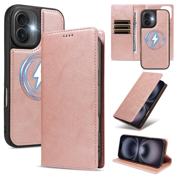 For iPhone 16 Magnetic Case Detachable 2 in 1 Leather Wallet Phone Cover - Rose Gold - 1