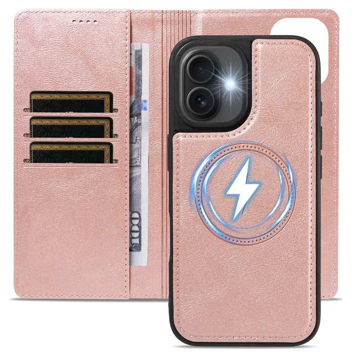 For iPhone 16 Magnetic Case Detachable 2 in 1 Leather Wallet Phone Cover - Rose Gold - 4