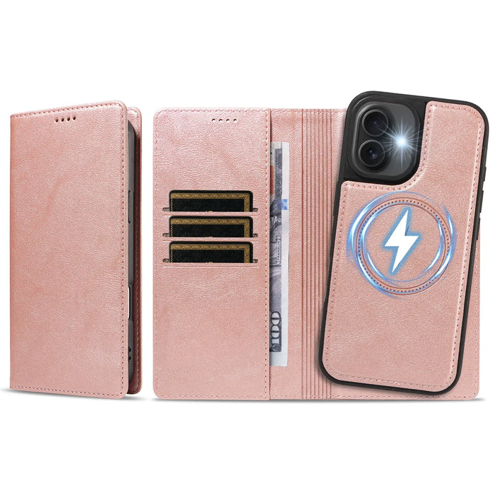 For iPhone 16 Magnetic Case Detachable 2 in 1 Leather Wallet Phone Cover - Rose Gold - 6