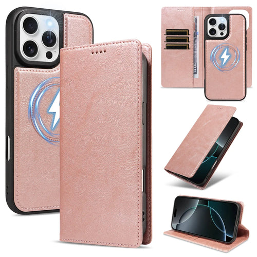 For iPhone 16 Pro Max Magnetic Case Detachable 2 in 1 Leather Wallet Phone Cover - Rose Gold - 1