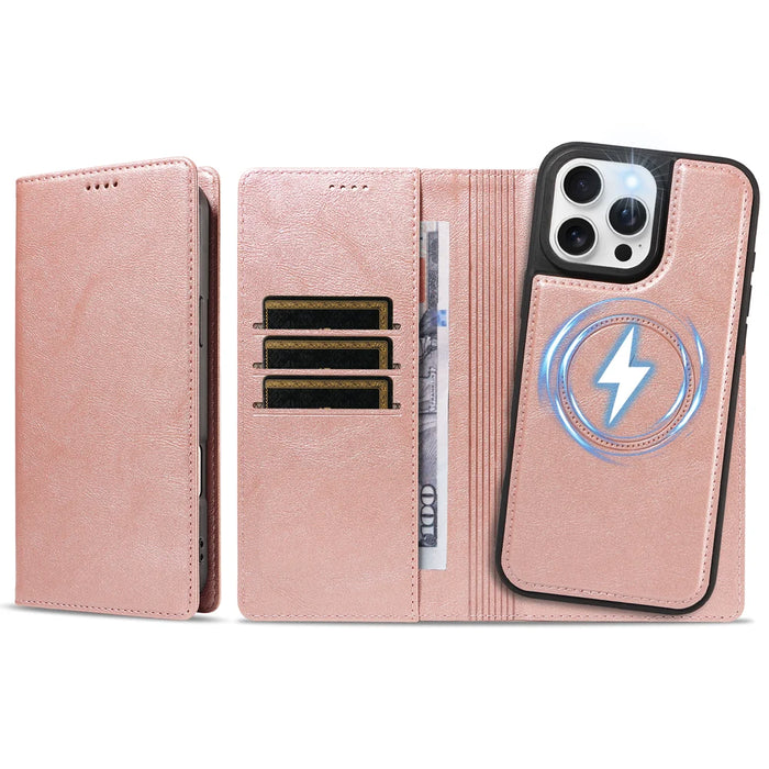 For iPhone 16 Pro Max Magnetic Case Detachable 2 in 1 Leather Wallet Phone Cover - Rose Gold - 6