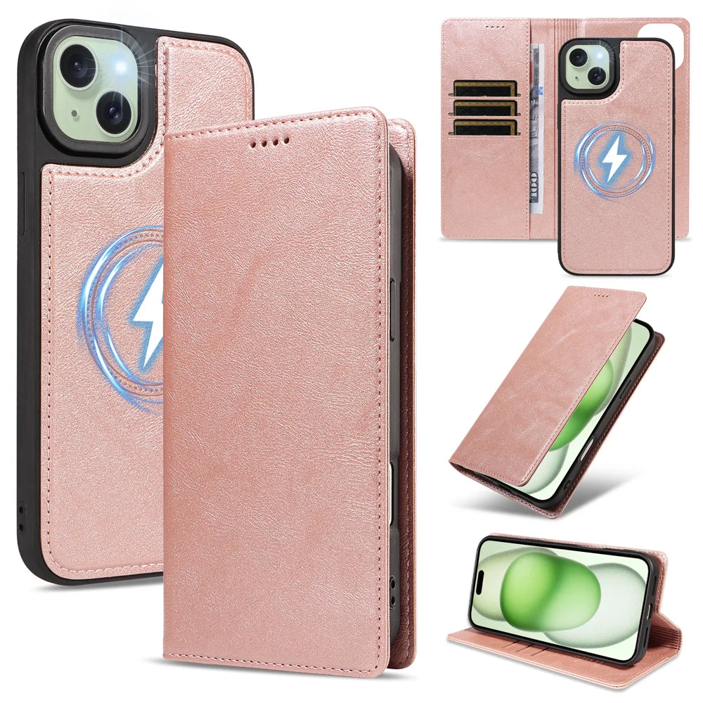 For iPhone 15 Plus Magnetic Case Detachable 2 in 1 Leather Wallet Phone Cover - Rose Gold - 1