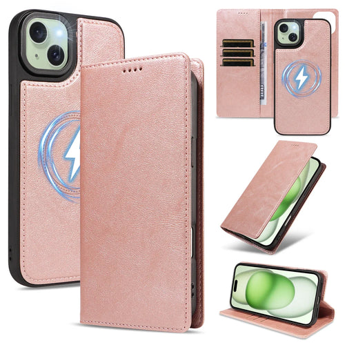 For iPhone 15 Plus Magnetic Case Detachable 2 in 1 Leather Wallet Phone Cover - Rose Gold - 1