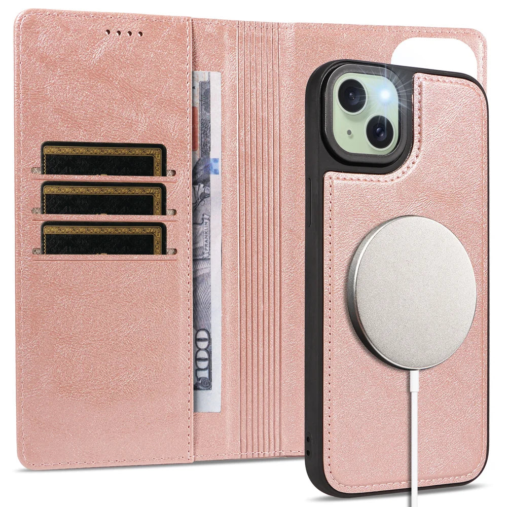For iPhone 15 Plus Magnetic Case Detachable 2 in 1 Leather Wallet Phone Cover - Rose Gold - 3