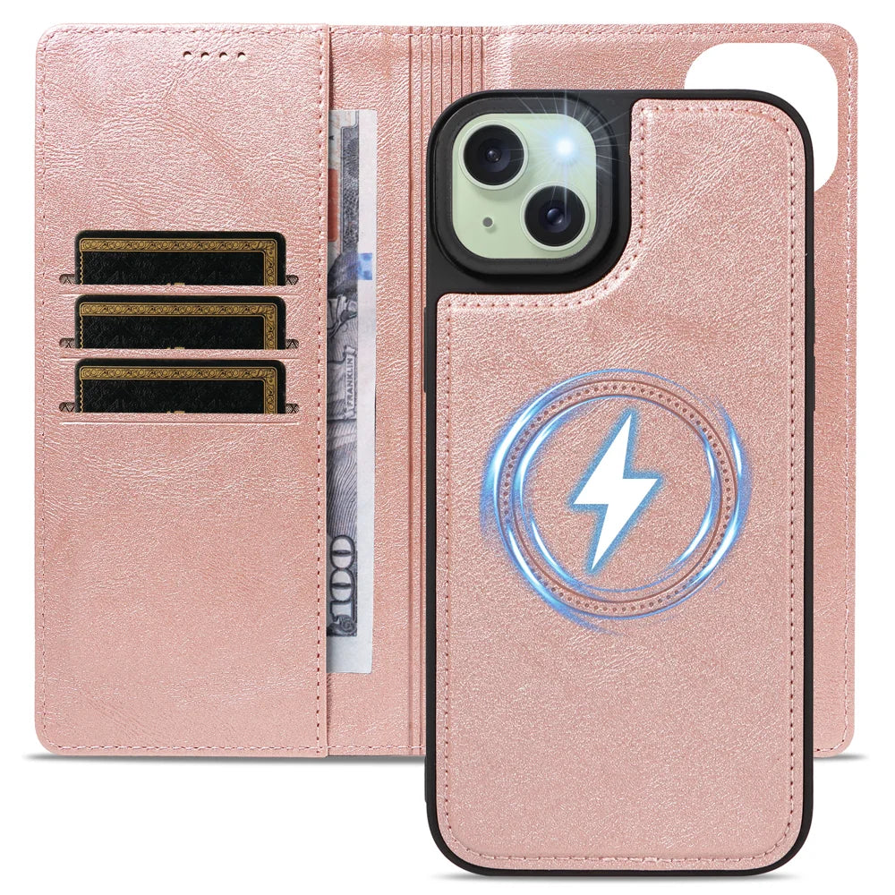 For iPhone 15 Plus Magnetic Case Detachable 2 in 1 Leather Wallet Phone Cover - Rose Gold - 4
