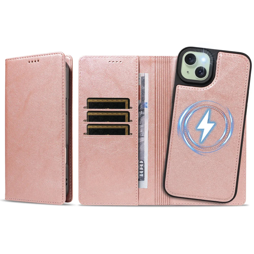 For iPhone 15 Plus Magnetic Case Detachable 2 in 1 Leather Wallet Phone Cover - Rose Gold - 6