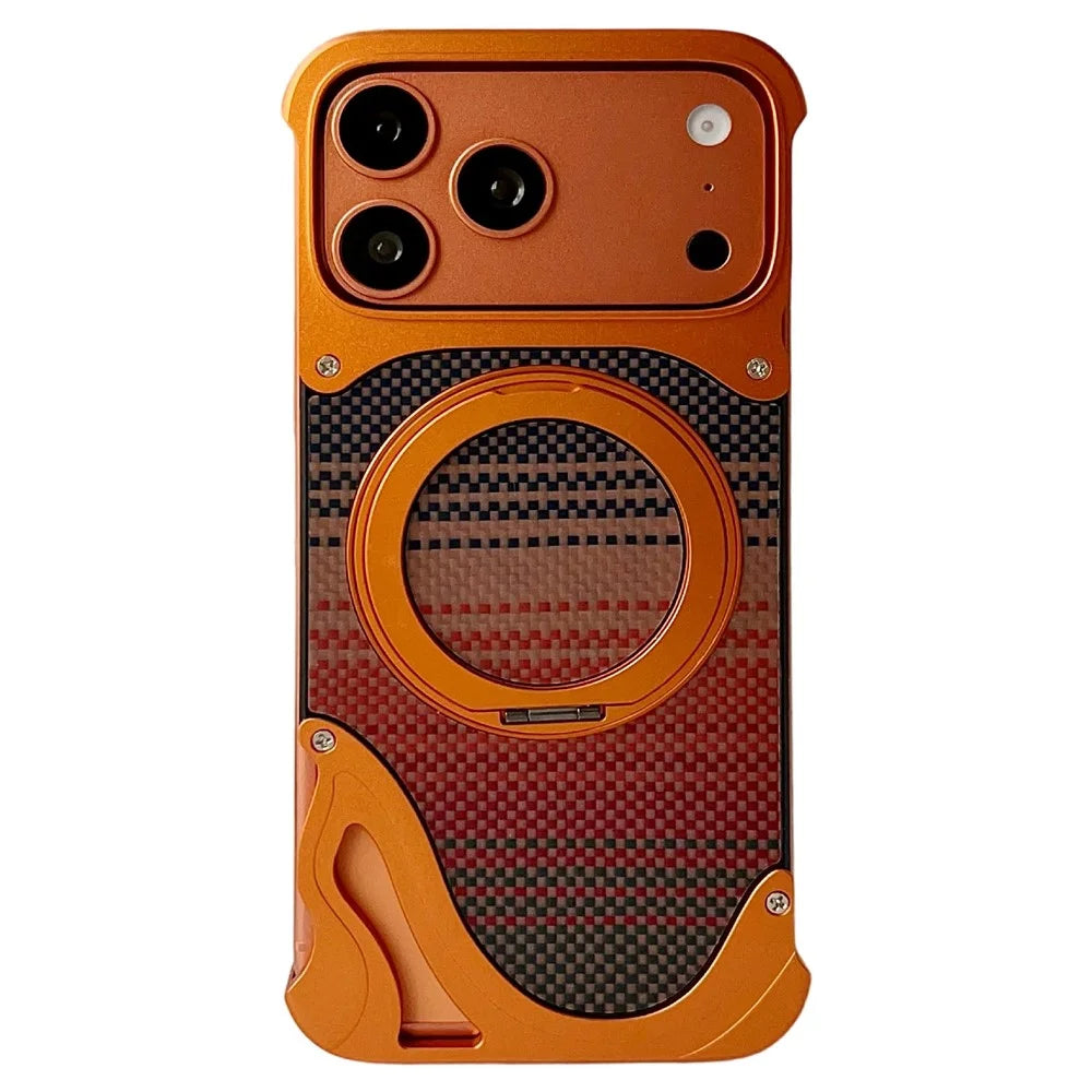 For iPhone 17 Pro Max Case Rotating Magnetic Kickstand Carbon Fiber Texture PC + Metal Shockproof Phone Cover - Orange - 1