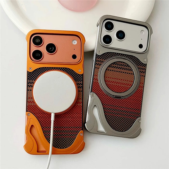 For iPhone 17 Pro Max Case Rotating Magnetic Kickstand Carbon Fiber Texture PC + Metal Shockproof Phone Cover - Orange - 3