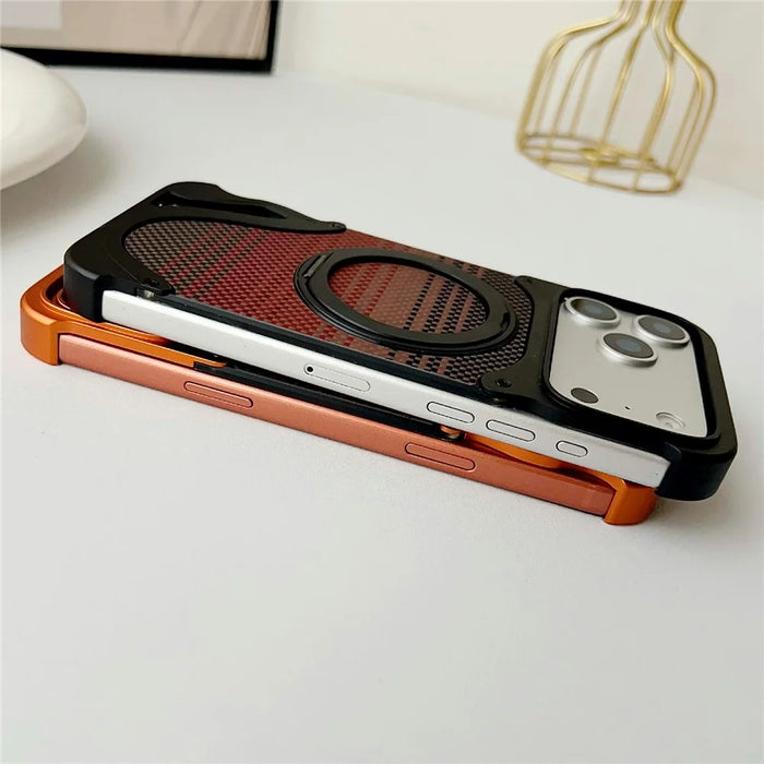 For iPhone 17 Pro Max Case Rotating Magnetic Kickstand Carbon Fiber Texture PC + Metal Shockproof Phone Cover - Orange - 4