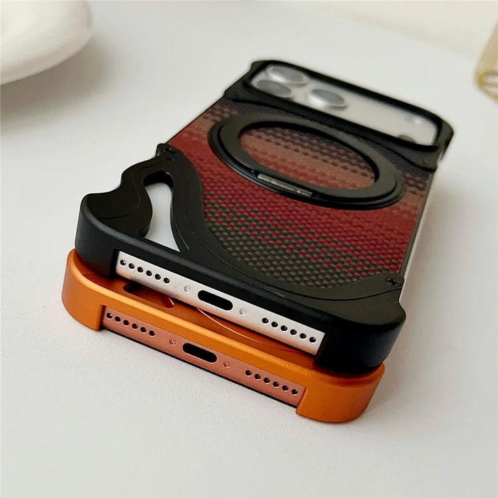 For iPhone 17 Pro Max Case Rotating Magnetic Kickstand Carbon Fiber Texture PC + Metal Shockproof Phone Cover - Orange - 5