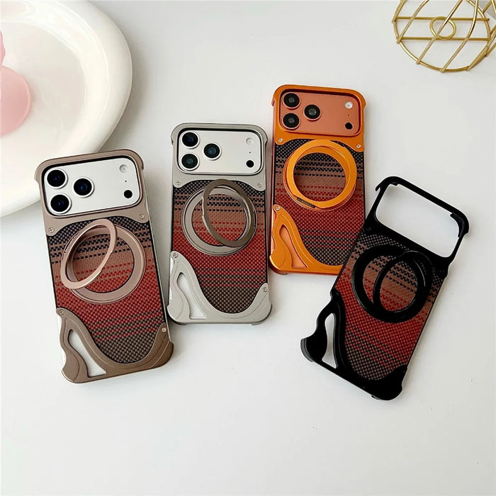 For iPhone 17 Pro Max Case Rotating Magnetic Kickstand Carbon Fiber Texture PC + Metal Shockproof Phone Cover - Orange - 6