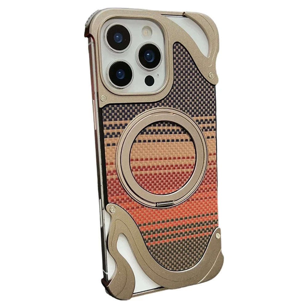 For iPhone 16 Pro Case Rotating Magnetic Kickstand Carbon Fiber Texture PC + Metal Shockproof Phone Cover - Desert Gold - 1