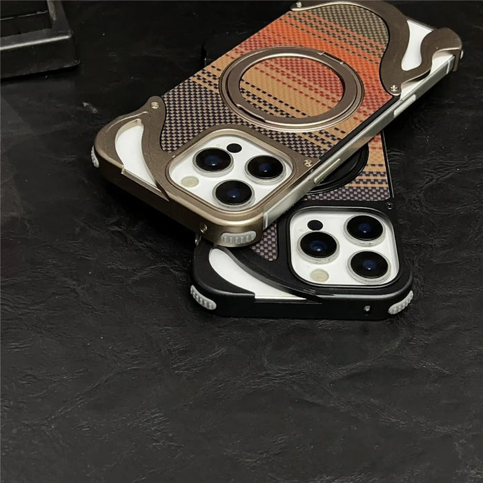 For iPhone 16 Pro Case Rotating Magnetic Kickstand Carbon Fiber Texture PC + Metal Shockproof Phone Cover - Desert Gold - 5