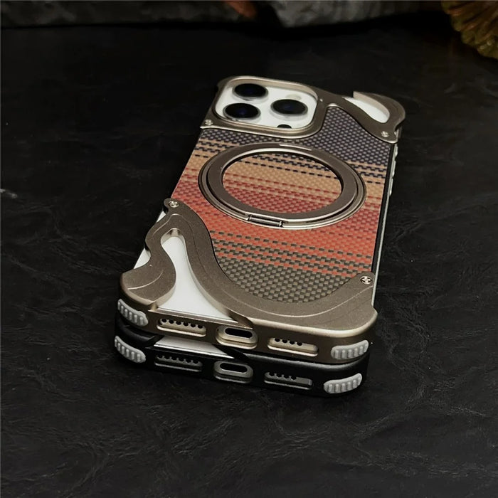 For iPhone 16 Pro Case Rotating Magnetic Kickstand Carbon Fiber Texture PC + Metal Shockproof Phone Cover - Desert Gold - 7