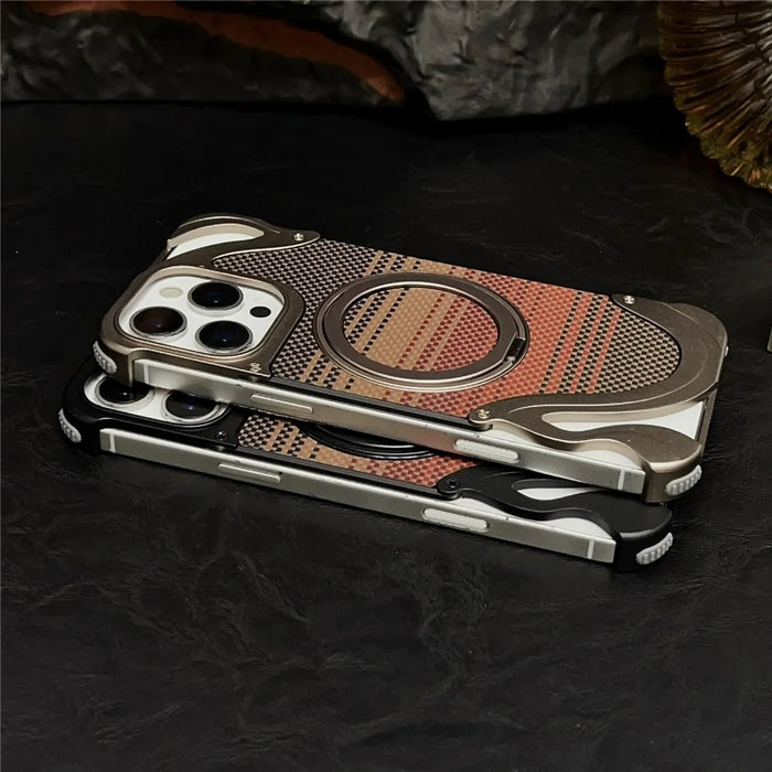 For iPhone 16 Pro Max Case Rotating Magnetic Kickstand Carbon Fiber Texture PC + Metal Shockproof Phone Cover - Desert Gold - 6