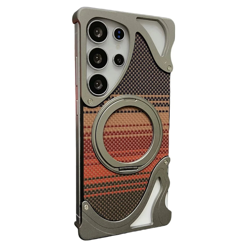 For Samsung Galaxy S26 Ultra Case Rotating Magnetic Kickstand Carbon Fiber Texture PC + Metal Shockproof Phone Cover - Titanium - 1
