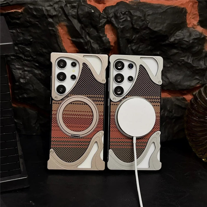 For Samsung Galaxy S26 Ultra Case Rotating Magnetic Kickstand Carbon Fiber Texture PC + Metal Shockproof Phone Cover - Titanium - 2
