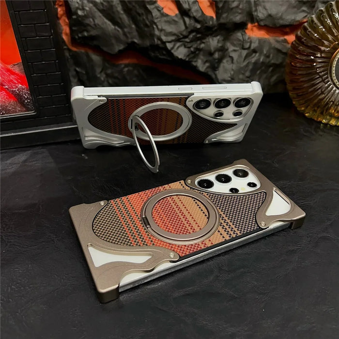 For Samsung Galaxy S26 Ultra Case Rotating Magnetic Kickstand Carbon Fiber Texture PC + Metal Shockproof Phone Cover - Titanium - 3