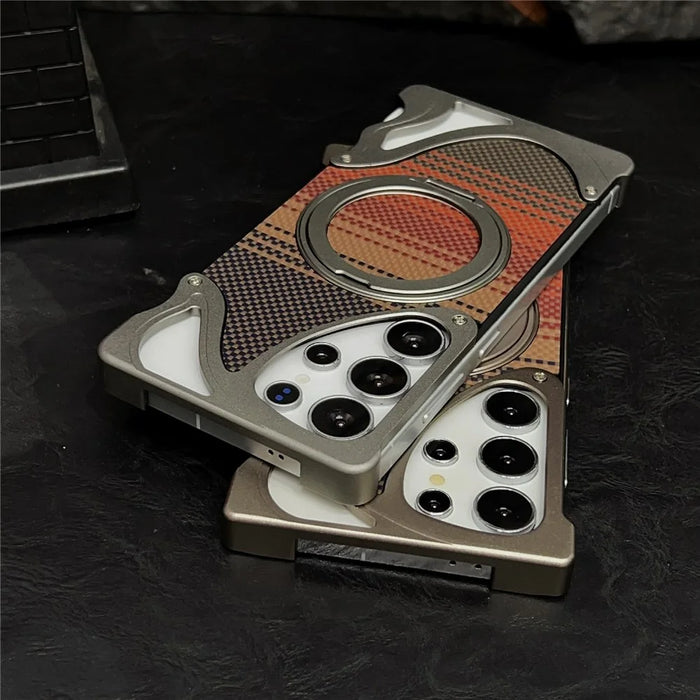 For Samsung Galaxy S26 Ultra Case Rotating Magnetic Kickstand Carbon Fiber Texture PC + Metal Shockproof Phone Cover - Titanium - 5