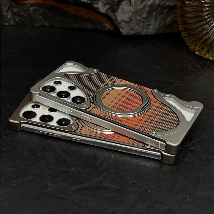 For Samsung Galaxy S26 Ultra Case Rotating Magnetic Kickstand Carbon Fiber Texture PC + Metal Shockproof Phone Cover - Titanium - 6