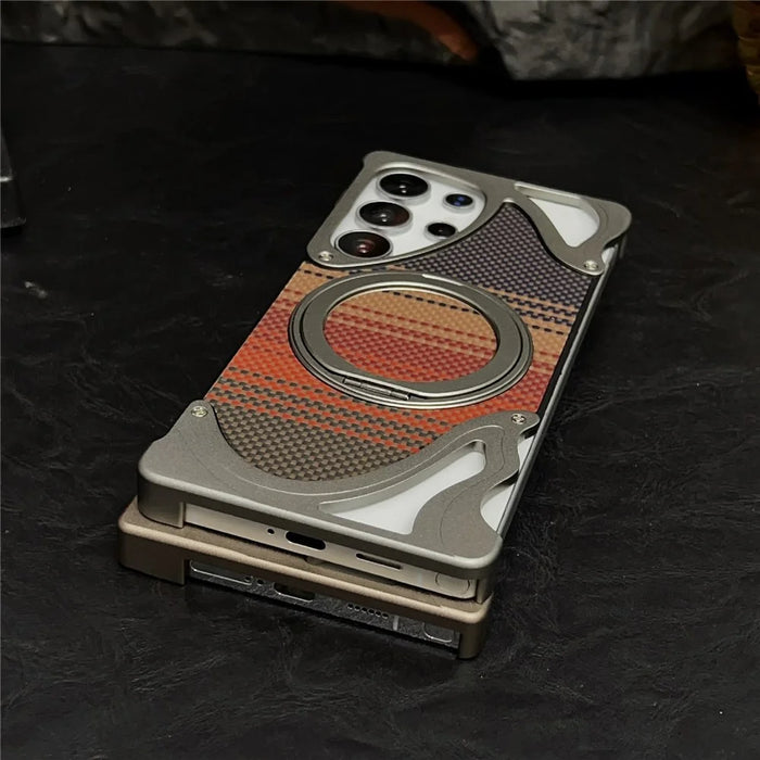 For Samsung Galaxy S26 Ultra Case Rotating Magnetic Kickstand Carbon Fiber Texture PC + Metal Shockproof Phone Cover - Titanium - 7