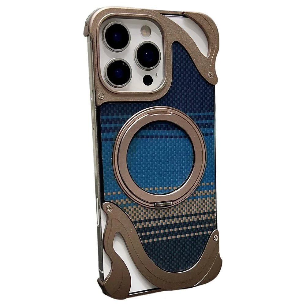 For iPhone 16 Pro Case Magnetic Kickstand Carbon Fiber Texture PC + Metal Protective Cover - Desert Gold - 1