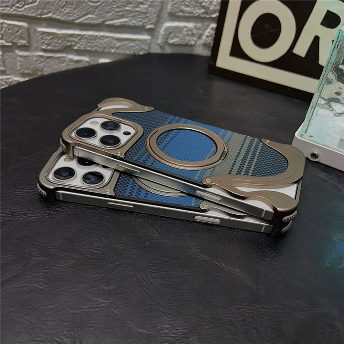 For iPhone 16 Pro Case Magnetic Kickstand Carbon Fiber Texture PC + Metal Protective Cover - Desert Gold - 6