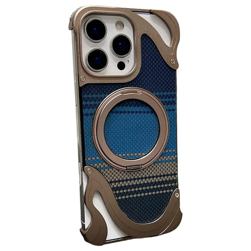 For iPhone 16 Pro Max Case Magnetic Kickstand Carbon Fiber Texture PC + Metal Protective Cover - Desert Gold - 1