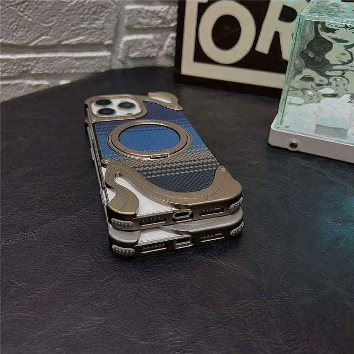 For iPhone 16 Pro Max Case Magnetic Kickstand Carbon Fiber Texture PC + Metal Protective Cover - Desert Gold - 7