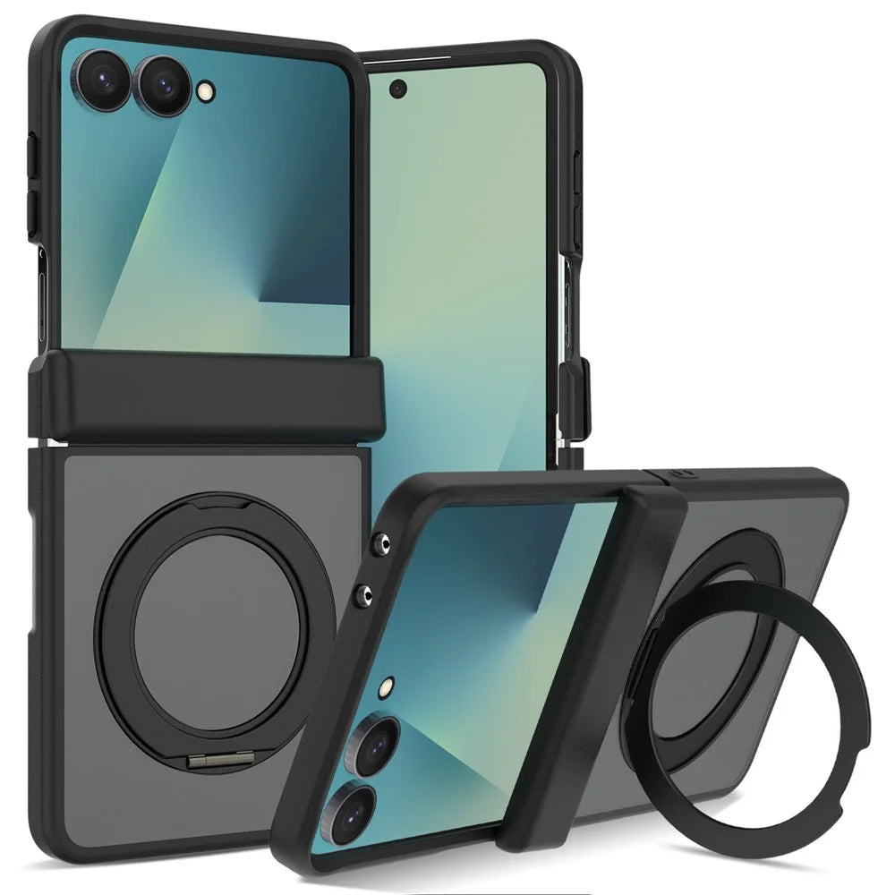 For Samsung Galaxy Z Flip8 Case Rotating Magnetic Kickstand TPU + Acrylic Skin-feel Phone Cover - Black - 1