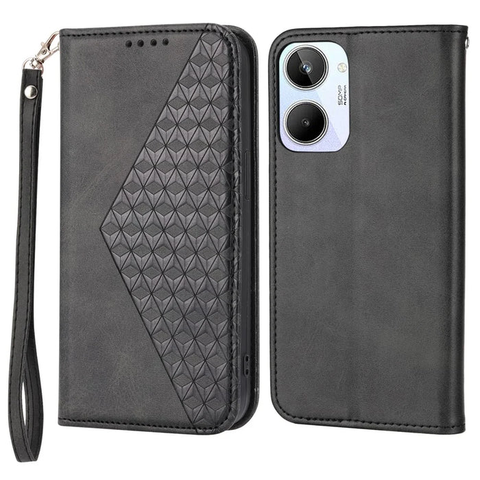 For Realme 10 4G Imprinted Rhombus Pattern PU Leather Phone Case Calf Texture Magnetic Auto-absorbed Wallet Stand Cover - Black - 1