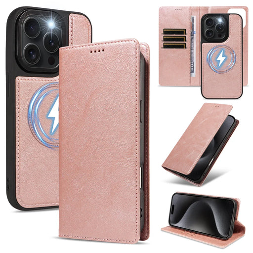 For iPhone 15 Pro Magnetic Case Detachable 2 in 1 Leather Wallet Phone Cover - Rose Gold - 1