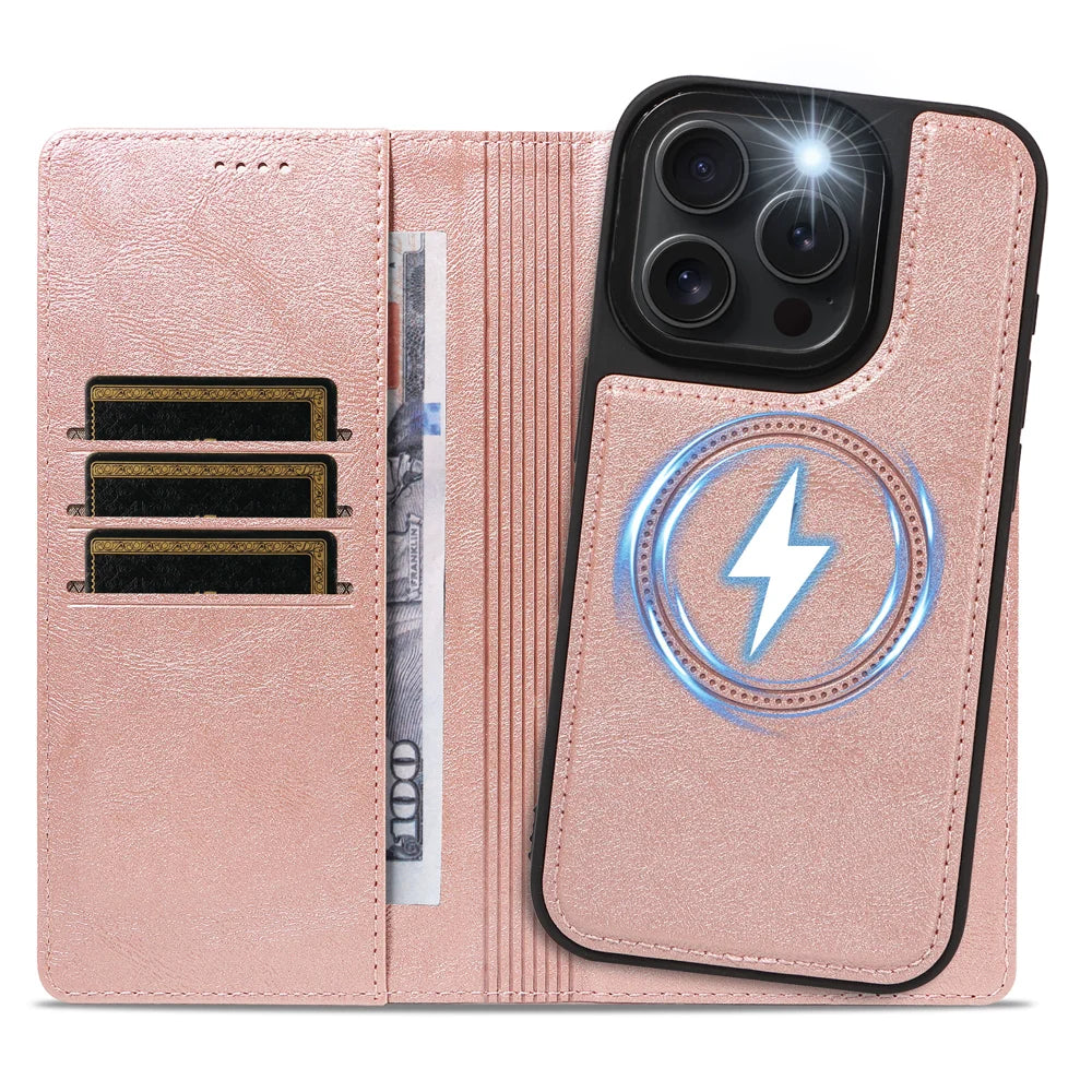 For iPhone 15 Pro Magnetic Case Detachable 2 in 1 Leather Wallet Phone Cover - Rose Gold - 2