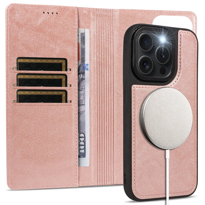 For iPhone 15 Pro Magnetic Case Detachable 2 in 1 Leather Wallet Phone Cover - Rose Gold - 3