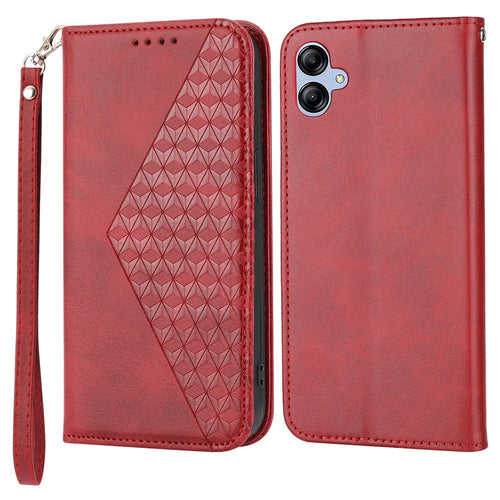 For Samsung Galaxy A04e 4G / F04 4G / M04 4G Imprinted Rhombus Pattern Calf Texture Phone Case PU Leather Wallet Stand Magnetic Closure Cover - Red - 1