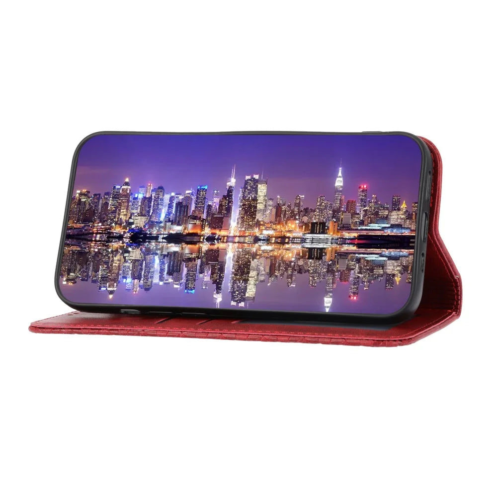 For Samsung Galaxy A04e 4G / F04 4G / M04 4G Imprinted Rhombus Pattern Calf Texture Phone Case PU Leather Wallet Stand Magnetic Closure Cover - Red - 3
