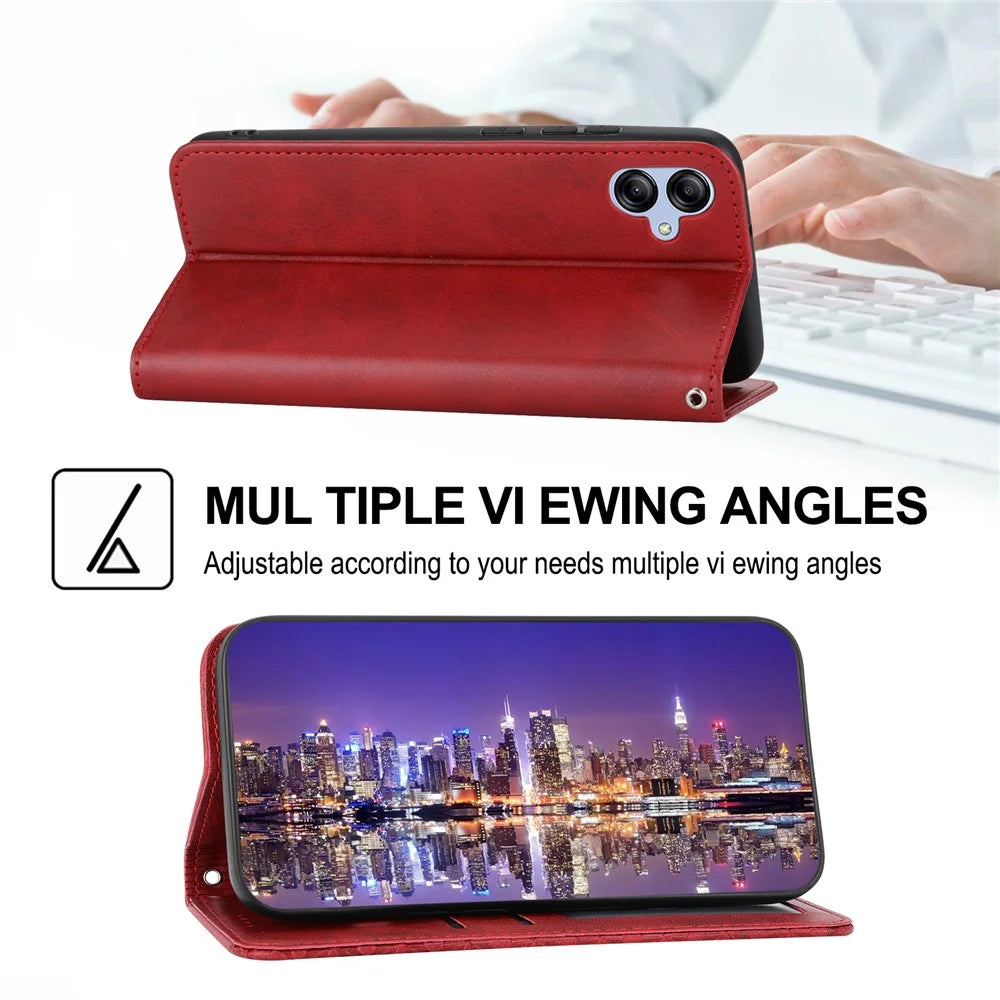 For Samsung Galaxy A04e 4G / F04 4G / M04 4G Imprinted Rhombus Pattern Calf Texture Phone Case PU Leather Wallet Stand Magnetic Closure Cover - Red - 4