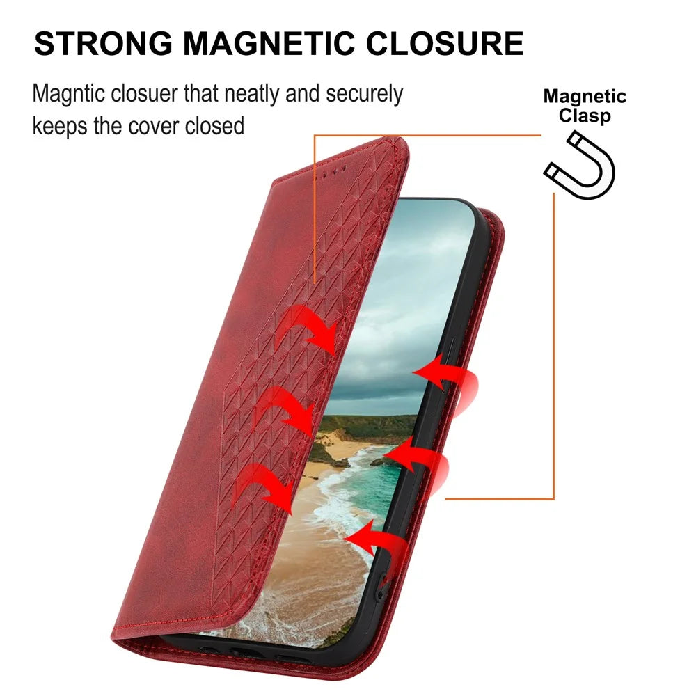 For Samsung Galaxy A04e 4G / F04 4G / M04 4G Imprinted Rhombus Pattern Calf Texture Phone Case PU Leather Wallet Stand Magnetic Closure Cover - Red - 5