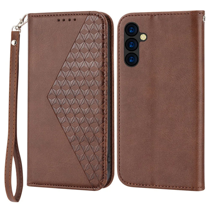 For Samsung Galaxy A54 5G Imprinted Rhombus Pattern Calf Texture Phone Cover Shell PU Leather Wallet Stand Magnetic Closure Case - Brown - 1