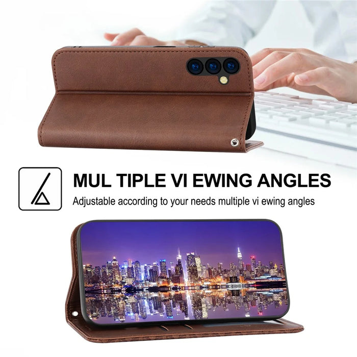 For Samsung Galaxy A54 5G Imprinted Rhombus Pattern Calf Texture Phone Cover Shell PU Leather Wallet Stand Magnetic Closure Case - Brown - 4