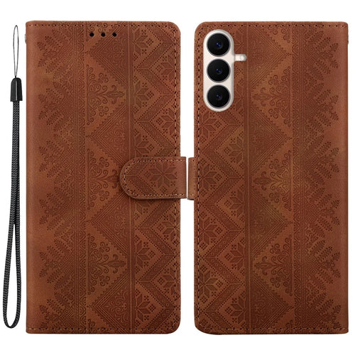 For Samsung Galaxy S26 FE Wallet Case Imprinted Ethnic Pattern Leather Phone Cover with Wrist Strap - Brown - 1