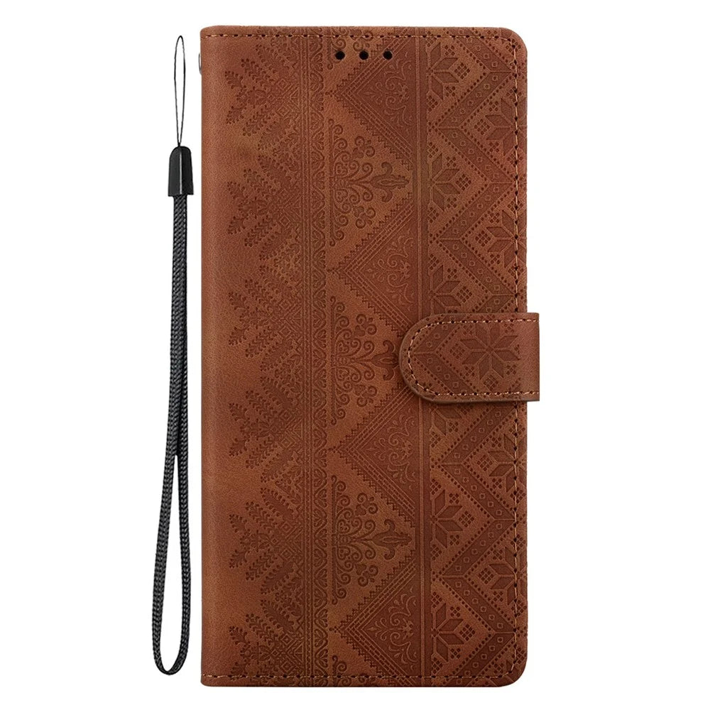 For Samsung Galaxy S26 FE Wallet Case Imprinted Ethnic Pattern Leather Phone Cover with Wrist Strap - Brown - 7