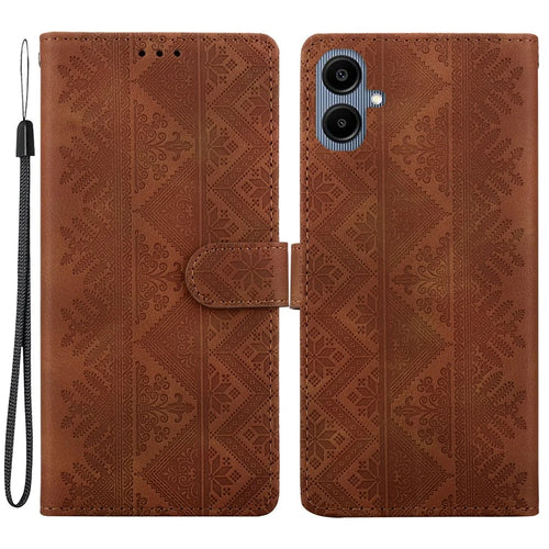 For Samsung Galaxy A08 5G  /  A08 4G  /  A07 5G  /  A07 4G  /  A06 5G  /  A06 4G Wallet Case Imprinted Ethnic Pattern Leather Phone Cover with Wrist Strap - Brown - 1