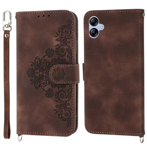For Samsung Galaxy A04e 4G / F04 4G / M04 4G Wallet Phone Cover Skin-touch Feeling Imprinted Flowers Stand Leather Case with Wrist Strap and Shoulder Strap - Brown - 1